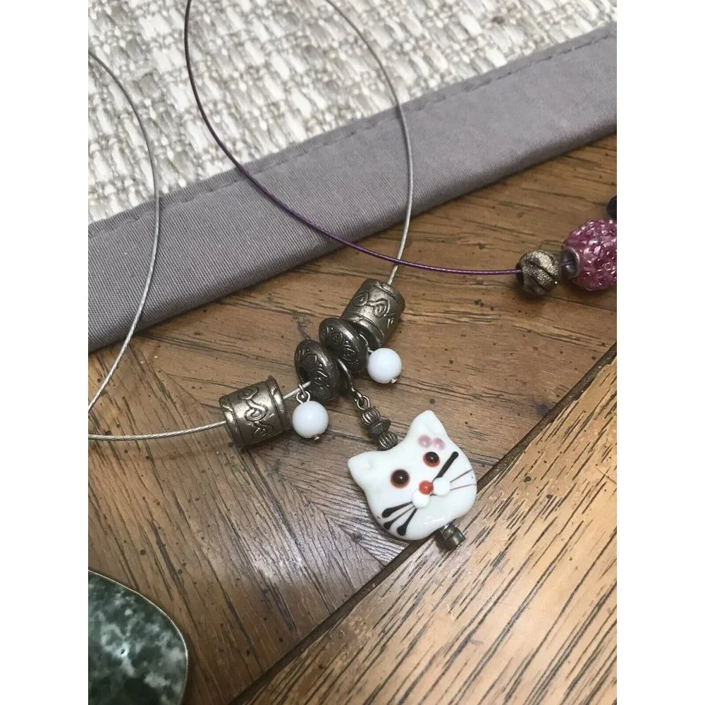 Unique Bundle Of 4 Wire Cuff Necklaces‎ Choker Beaded Cat Glass Silver-tone